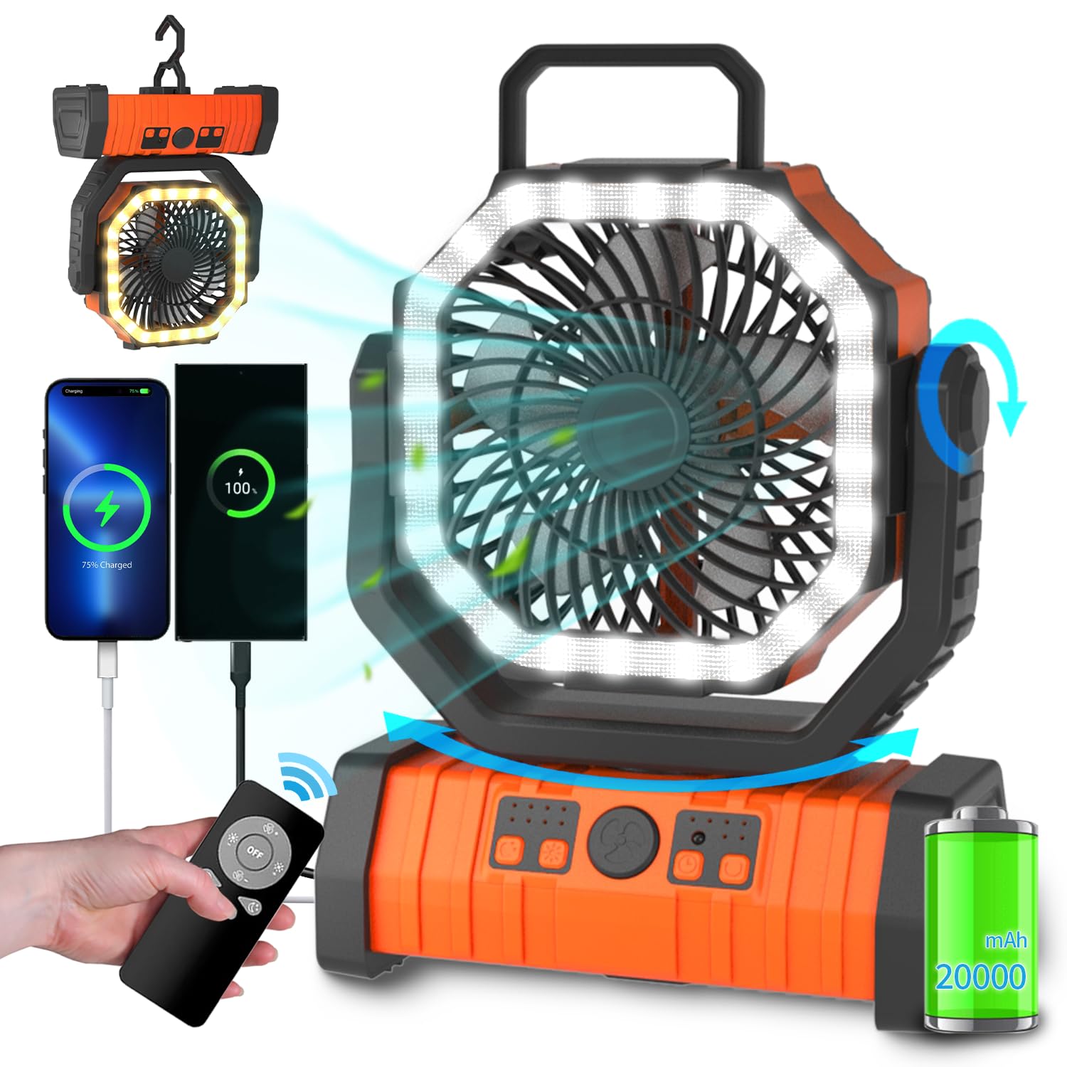Camping Fan with LED Light & Power Bank