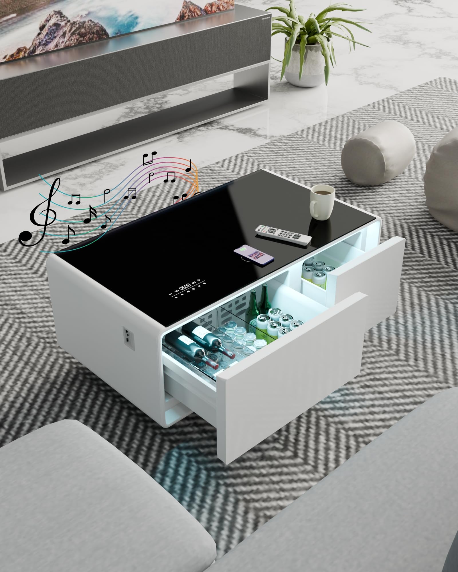 Smart Coffee Table with Built-In Fridge and Speakers