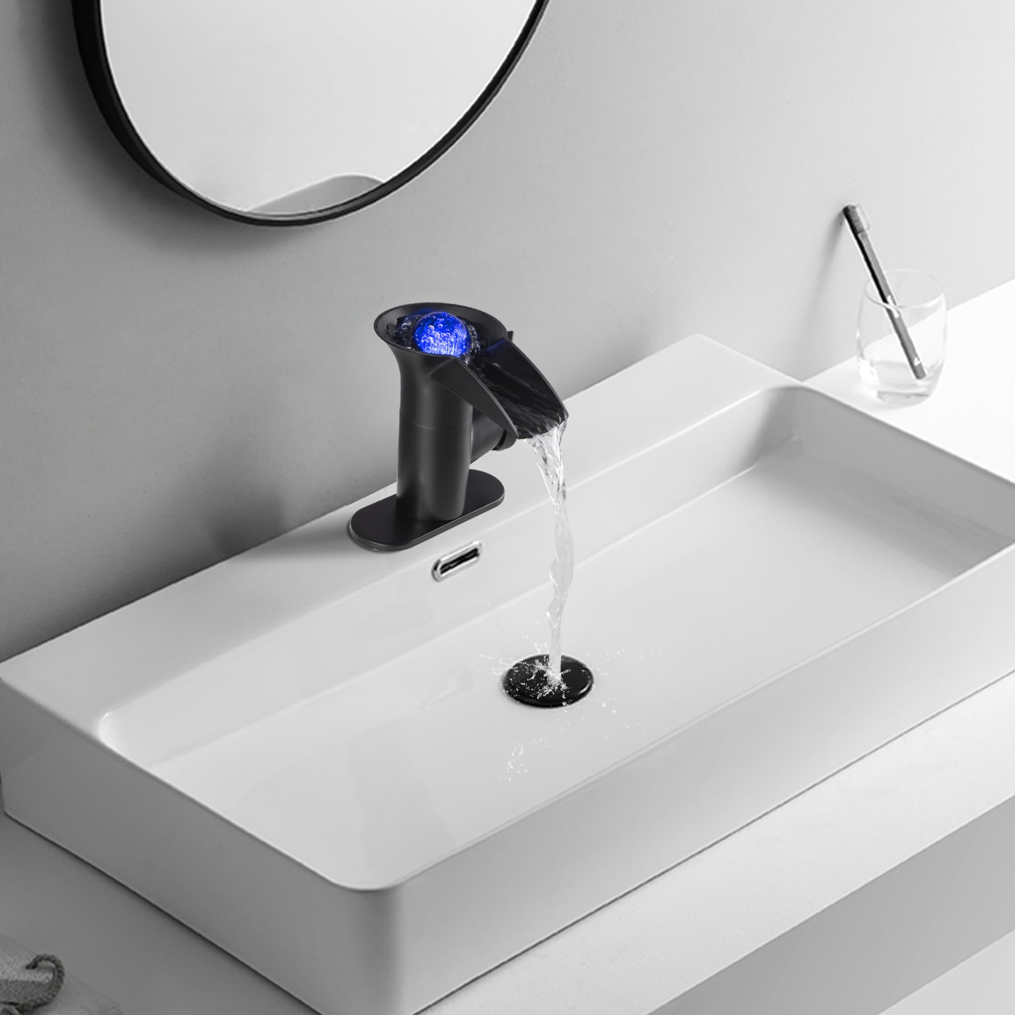 Matte Black LED Waterfall Faucet with Crystal Ball